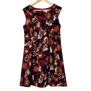 CB Black Red Floral Sleeveless Dress 14 Petite Pleated Knee Length Fit Flare